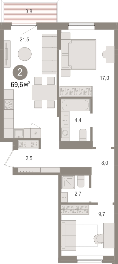 2-комнатная квартира с отделкой в ЖК URAL на 20 этаже в 1 секции. Сдача в 4 кв. 2024 г.