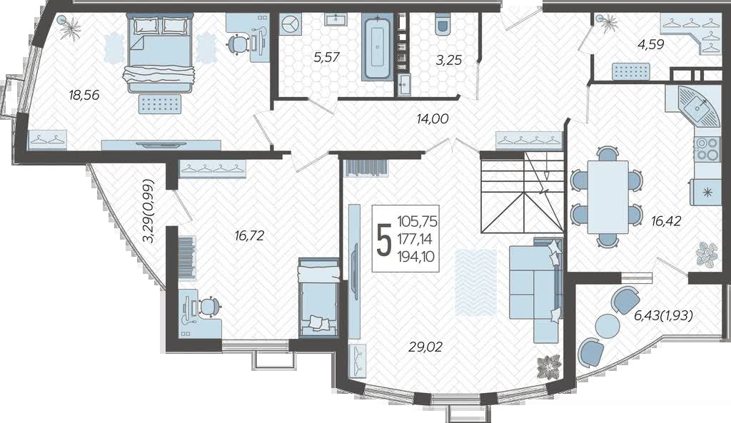 3-комнатная квартира с отделкой в ЖК Руставели 14 на 1 этаже в 1 секции. Сдача в 4 кв. 2023 г.