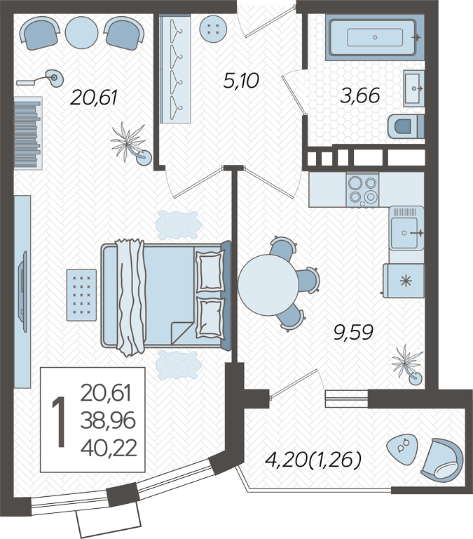 1-комнатная квартира (Студия) с отделкой в ЖК Руставели 14 на 25 этаже в 1 секции. Сдача в 3 кв. 2024 г.