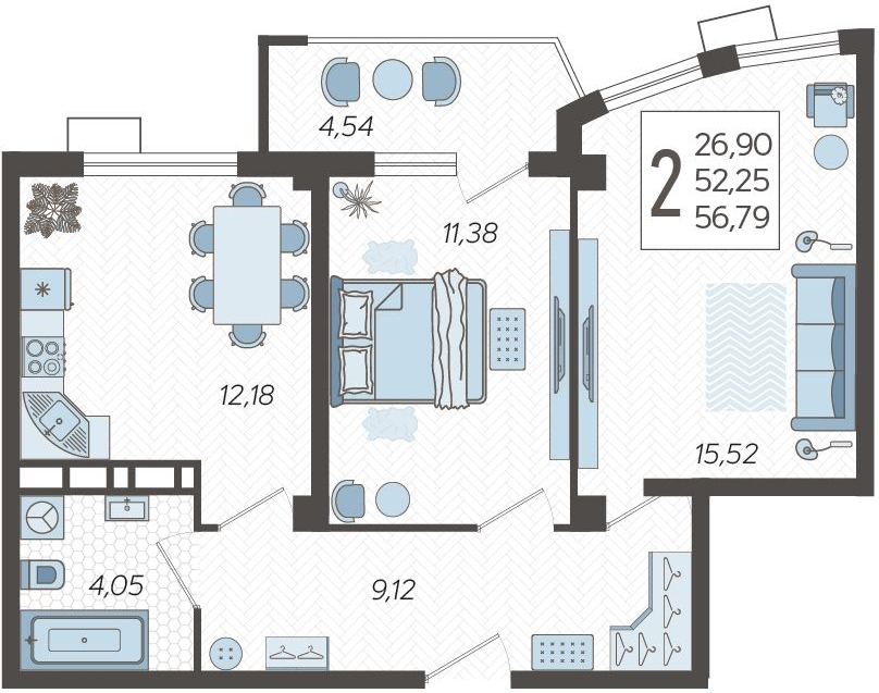 2-комнатная квартира в ЖК Небо на 6 этаже в 1 секции. Сдача в 2 кв. 2025 г.
