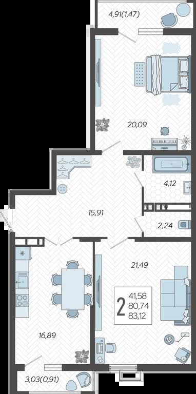 2-комнатная квартира с отделкой в ЖК ГОЛОС в центре города на 19 этаже в 1 секции. Сдача в 4 кв. 2025 г.