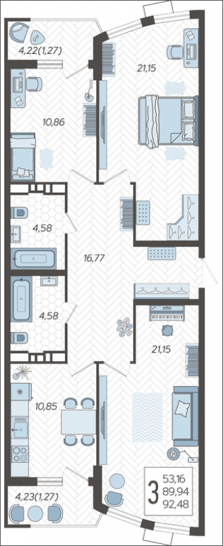3-комнатная квартира с отделкой в Микрорайон Европейский Берег на 4 этаже в 1 секции. Сдача в 2 кв. 2026 г.