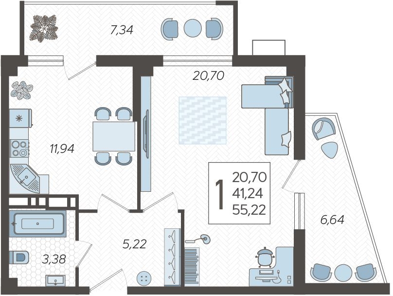 2-комнатная квартира с отделкой в ЖК Небо на 5 этаже в 1 секции. Сдача в 3 кв. 2025 г.
