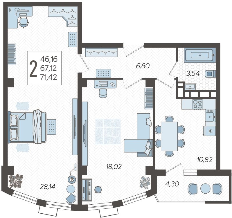 2-комнатная квартира в ЖК Небо на 11 этаже в 1 секции. Дом сдан.
