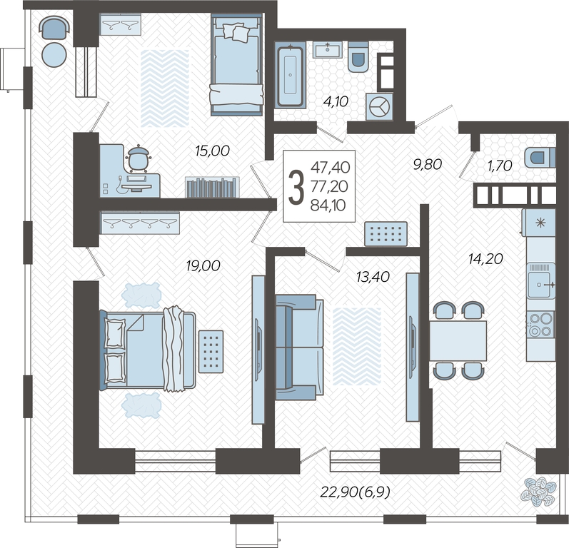 1-комнатная квартира с отделкой в ЖК Небо на 5 этаже в 1 секции. Сдача в 3 кв. 2025 г.