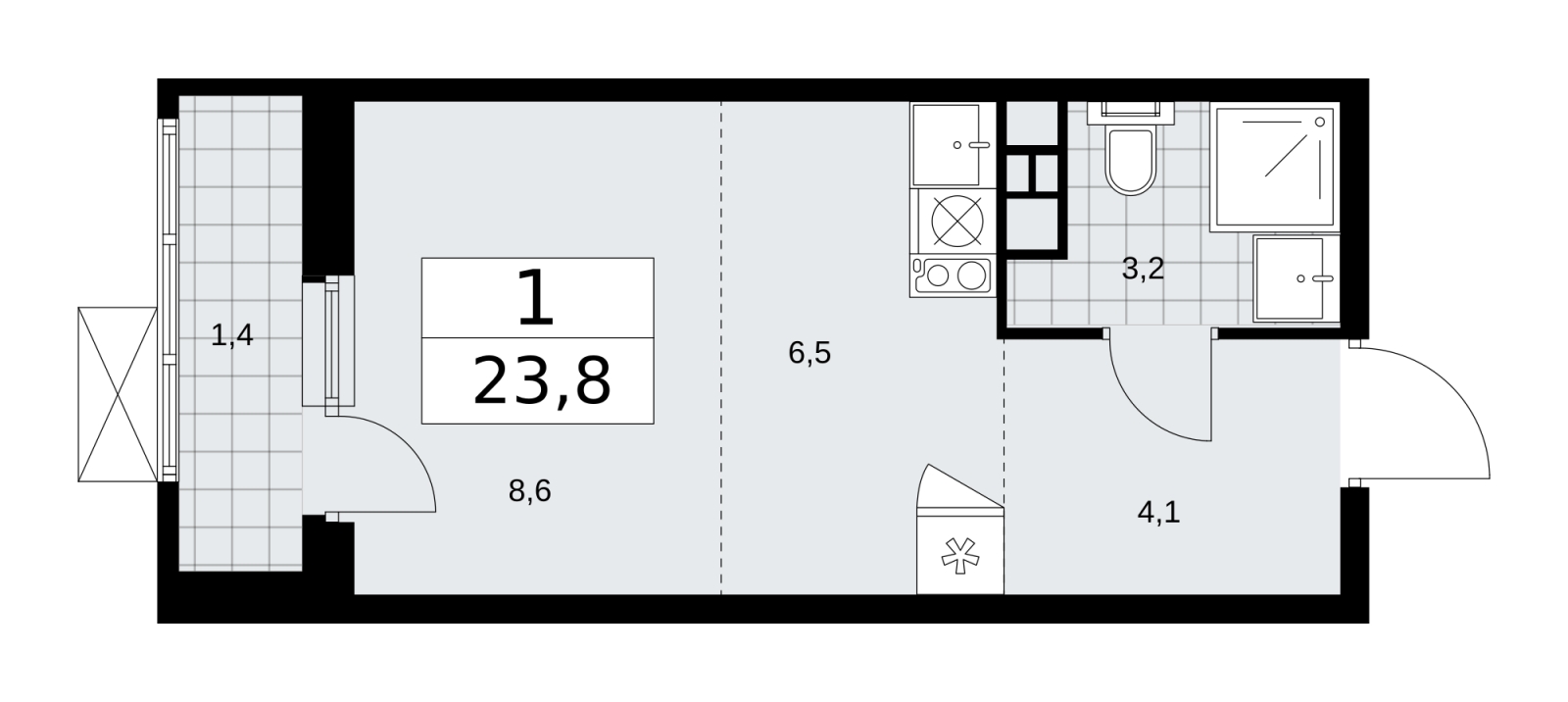 1-комнатная квартира (Студия) в ЖК Скандинавия на 4 этаже в 1 секции. Сдача в 1 кв. 2026 г.