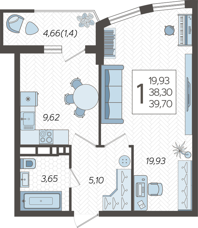 1-комнатная квартира с отделкой в ЖК Республики 205 на 8 этаже в 2 секции. Сдача в 4 кв. 2025 г.