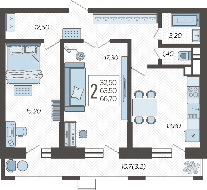 2-комнатная квартира с отделкой в ЖК Республики 205 на 8 этаже в 1 секции. Сдача в 4 кв. 2025 г.