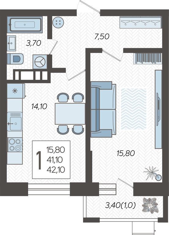 2-комнатная квартира с отделкой в ЖК Республики 205 на 5 этаже в 1 секции. Сдача в 4 кв. 2025 г.