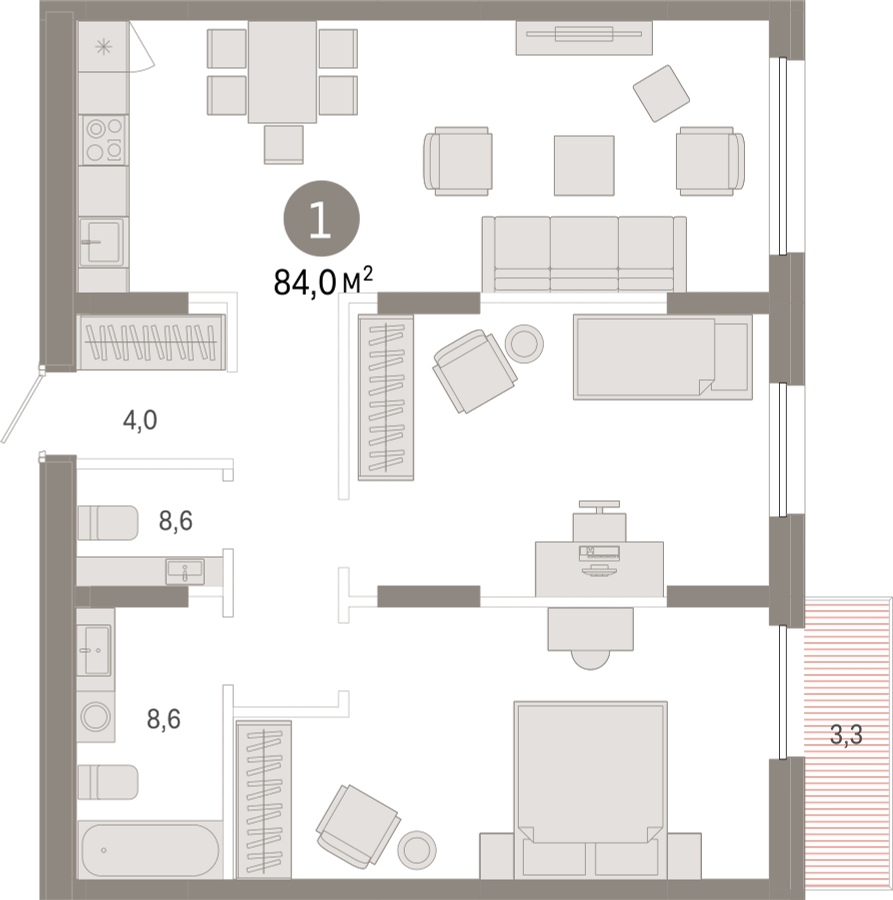2-комнатная квартира с отделкой в ЖК Республики 205 на 6 этаже в 1 секции. Сдача в 4 кв. 2025 г.
