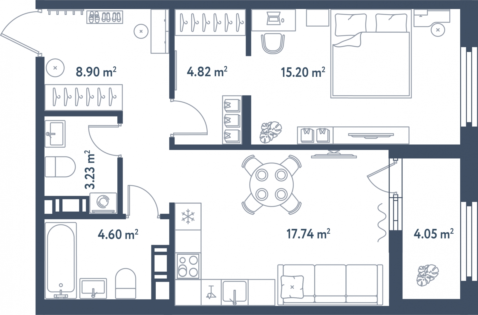2-комнатная квартира с отделкой в Квартал Авиатор на 2 этаже в 2 секции. Сдача в 3 кв. 2024 г.