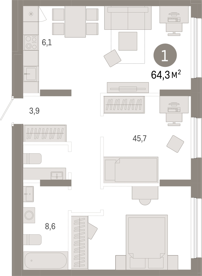 2-комнатная квартира с отделкой в Квартал Авиатор на 8 этаже в 3 секции. Сдача в 3 кв. 2024 г.