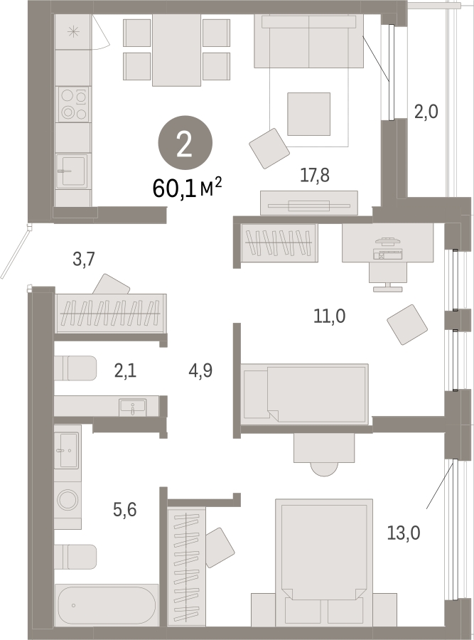 2-комнатная квартира с отделкой в Квартал Авиатор на 5 этаже в 3 секции. Сдача в 3 кв. 2024 г.