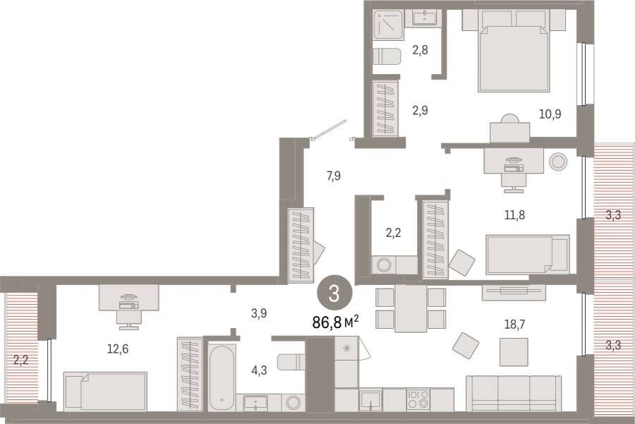 3-комнатная квартира с отделкой в Микрорайон Европейский Берег на 8 этаже в 5 секции. Сдача в 3 кв. 2025 г.