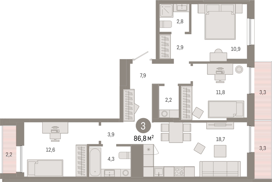 3-комнатная квартира с отделкой в Микрорайон Европейский Берег на 3 этаже в 2 секции. Сдача в 3 кв. 2025 г.