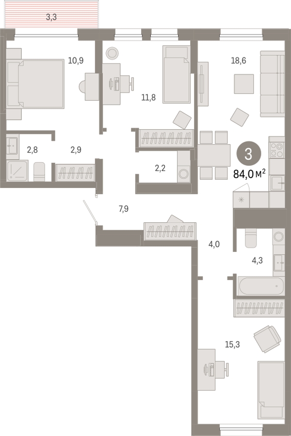 3-комнатная квартира с отделкой в ЖК Республики 205 на 7 этаже в 4 секции. Сдача в 4 кв. 2025 г.