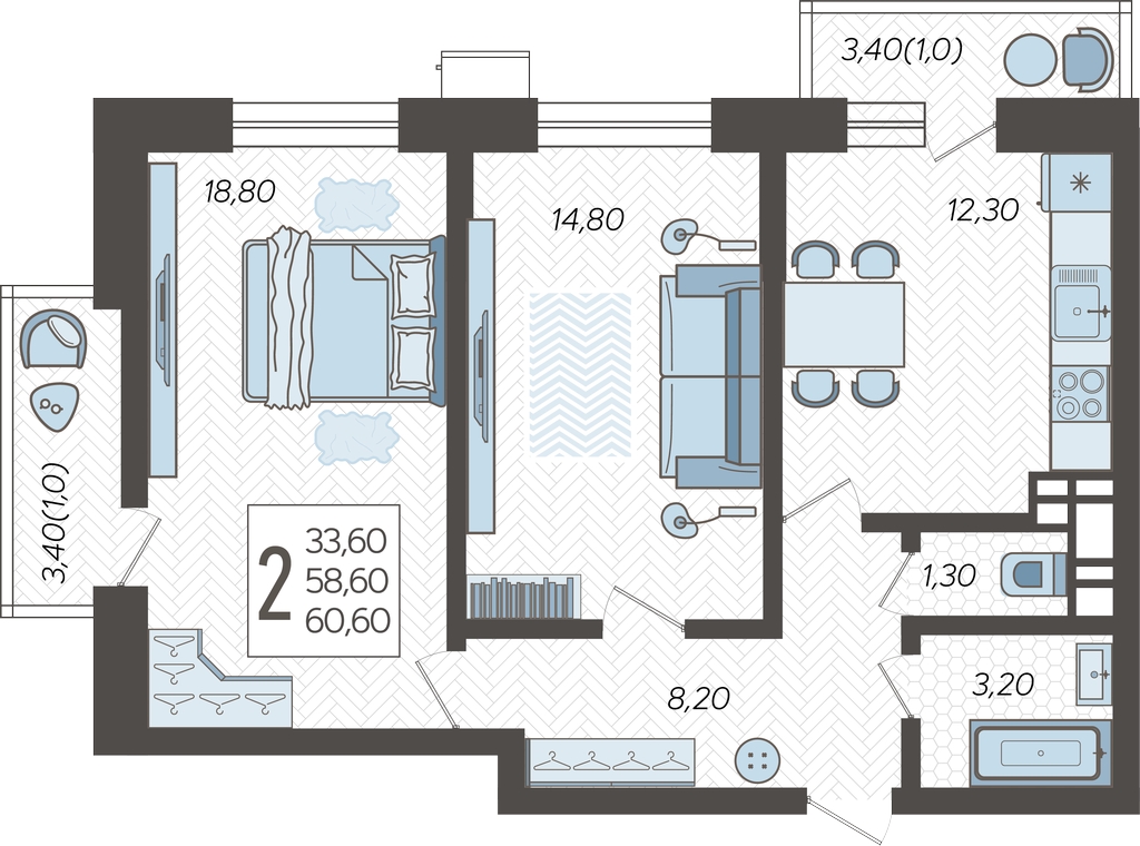 2-комнатная квартира с отделкой в Квартал Авиатор на 4 этаже в 1 секции. Сдача в 3 кв. 2025 г.