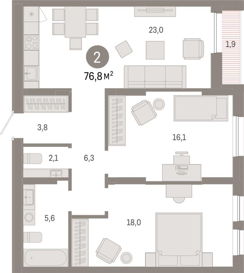 3-комнатная квартира с отделкой в ЖК Республики 205 на 10 этаже в 1 секции. Сдача в 4 кв. 2025 г.