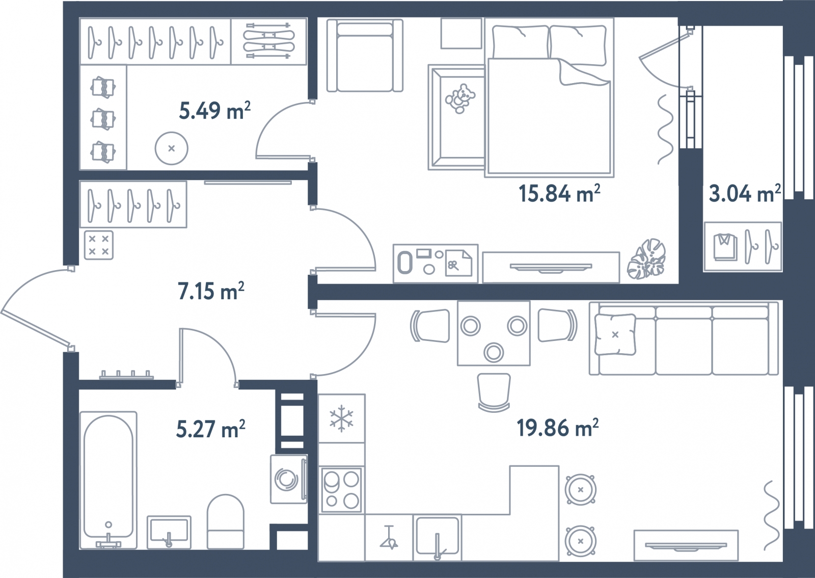 2-комнатная квартира в ЖК Небо на 7 этаже в 1 секции. Сдача в 2 кв. 2025 г.
