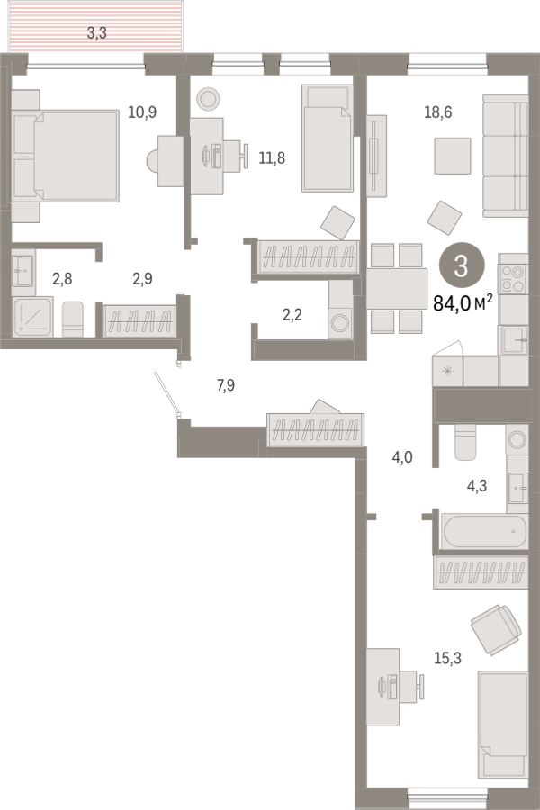 3-комнатная квартира с отделкой в ЖК Республики 205 на 8 этаже в 5 секции. Сдача в 4 кв. 2025 г.