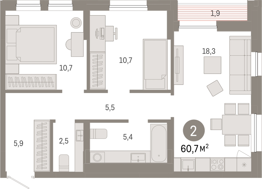 2-комнатная квартира с отделкой в Микрорайон Европейский Берег на 3 этаже в 4 секции. Сдача в 2 кв. 2026 г.