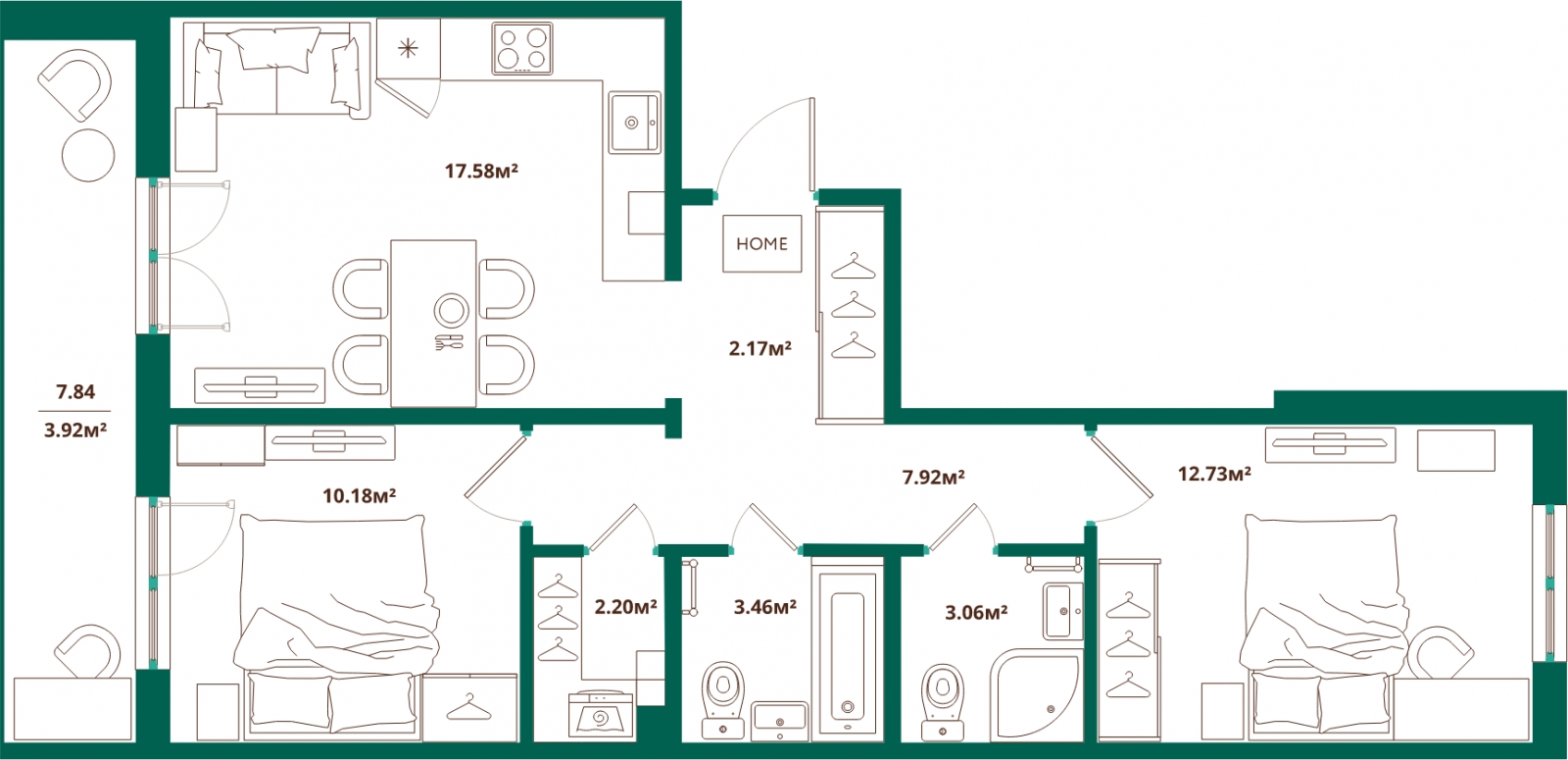 3-комнатная квартира с отделкой в Микрорайон Европейский Берег на 2 этаже в 3 секции. Сдача в 2 кв. 2026 г.