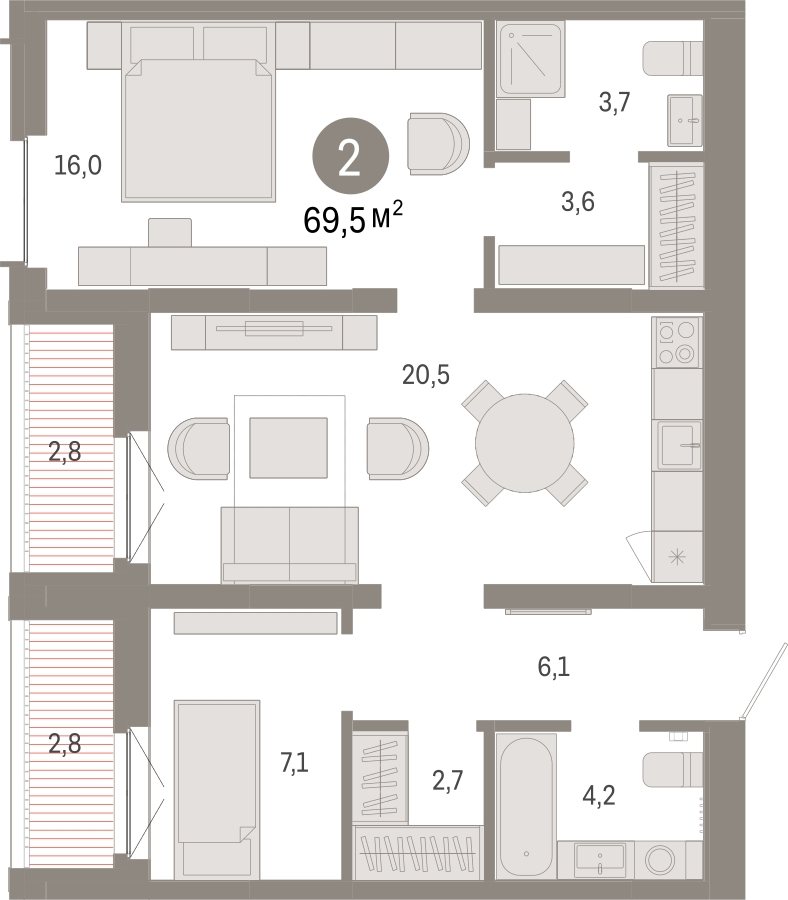 2-комнатная квартира с отделкой в ЖК Республики 205 на 2 этаже в 3 секции. Сдача в 1 кв. 2026 г.