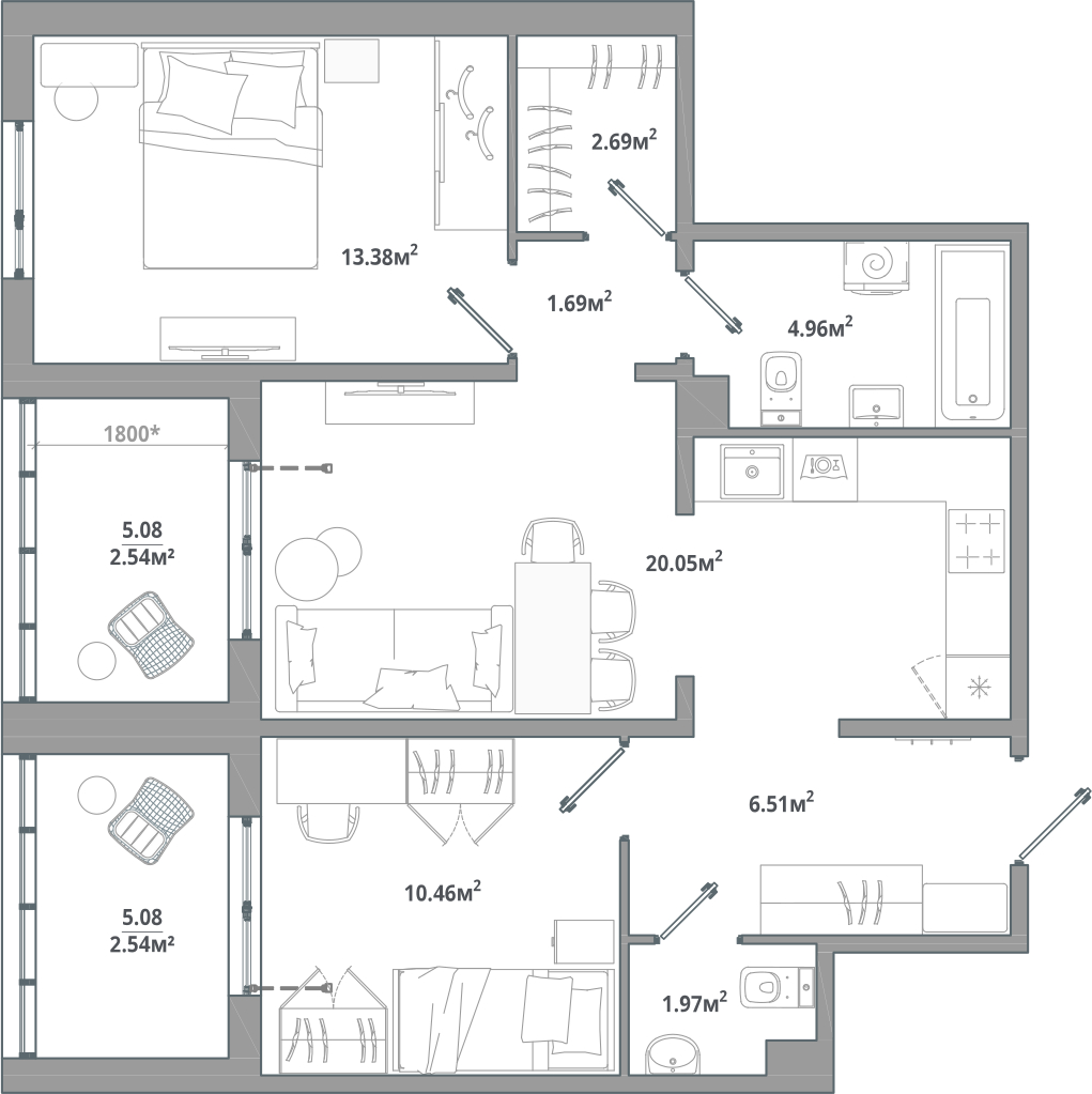 3-комнатная квартира с отделкой в ЖК Пшеница на 4 этаже в 4 секции. Сдача в 1 кв. 2026 г.