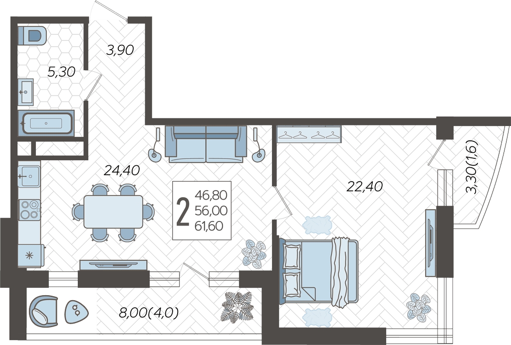2-комнатная квартира с отделкой в Микрорайон Европейский Берег на 5 этаже в 3 секции. Сдача в 2 кв. 2026 г.