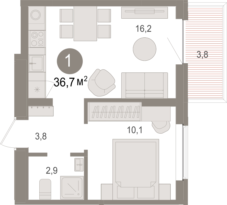 1-комнатная квартира с отделкой в Микрорайон Европейский Берег на 3 этаже в 6 секции. Сдача в 2 кв. 2026 г.