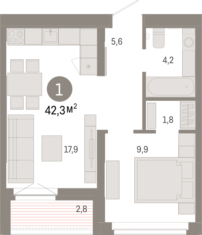 1-комнатная квартира с отделкой в ЖК Республики 205 на 2 этаже в 6 секции. Сдача в 1 кв. 2026 г.