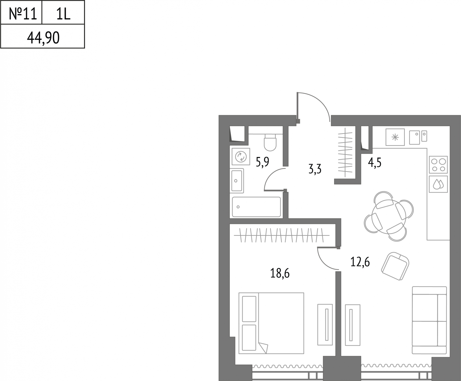 1-комнатная квартира с отделкой в ЖК Республики 205 на 11 этаже в 3 секции. Сдача в 1 кв. 2026 г.