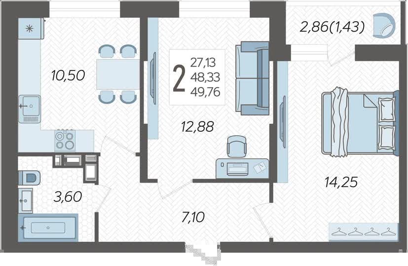 2-комнатная квартира с отделкой в Микрорайон Европейский Берег на 7 этаже в 2 секции. Сдача в 3 кв. 2025 г.