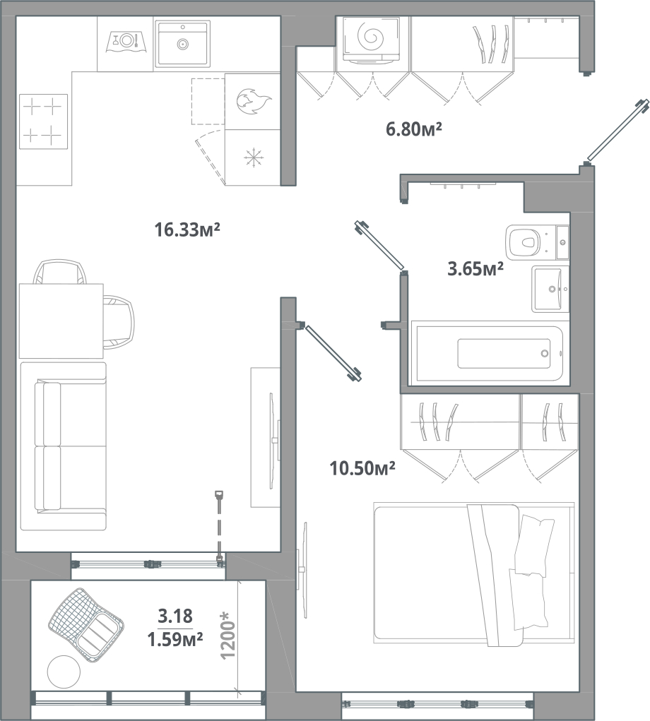 1-комнатная квартира (Студия) с отделкой в ЖК Республики 205 на 3 этаже в 6 секции. Сдача в 1 кв. 2026 г.