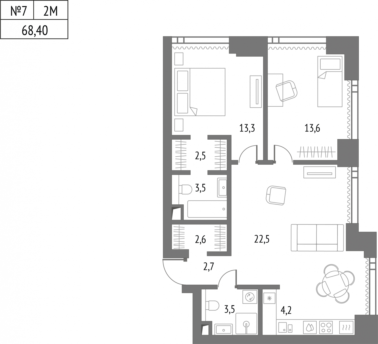 2-комнатная квартира с отделкой в Микрорайон Европейский Берег на 7 этаже в 3 секции. Сдача в 2 кв. 2026 г.