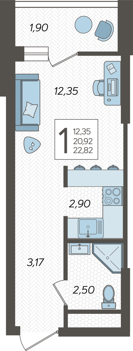 1-комнатная квартира с отделкой в Квартал Авиатор на 5 этаже в 2 секции. Сдача в 3 кв. 2024 г.