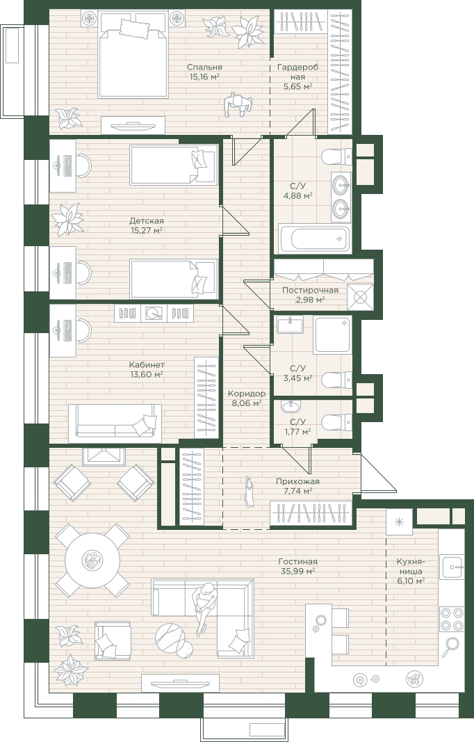 2-комнатная квартира с отделкой в Квартал На Декабристов на 5 этаже в 3 секции. Сдача в 3 кв. 2025 г.