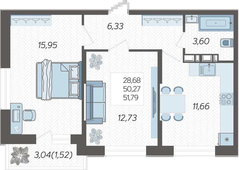 2-комнатная квартира с отделкой в Кварталы Драверта на 1 этаже в 5 секции. Сдача в 2 кв. 2026 г.