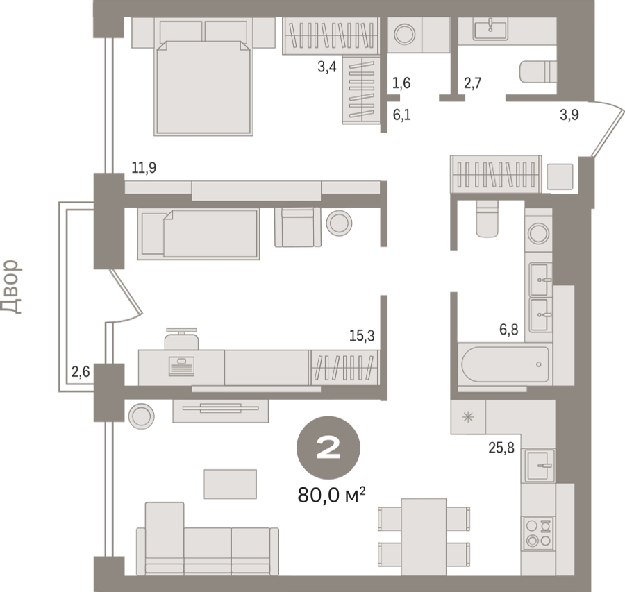 2-комнатная квартира с отделкой в Квартал Авиатор на 1 этаже в 2 секции. Сдача в 3 кв. 2025 г.