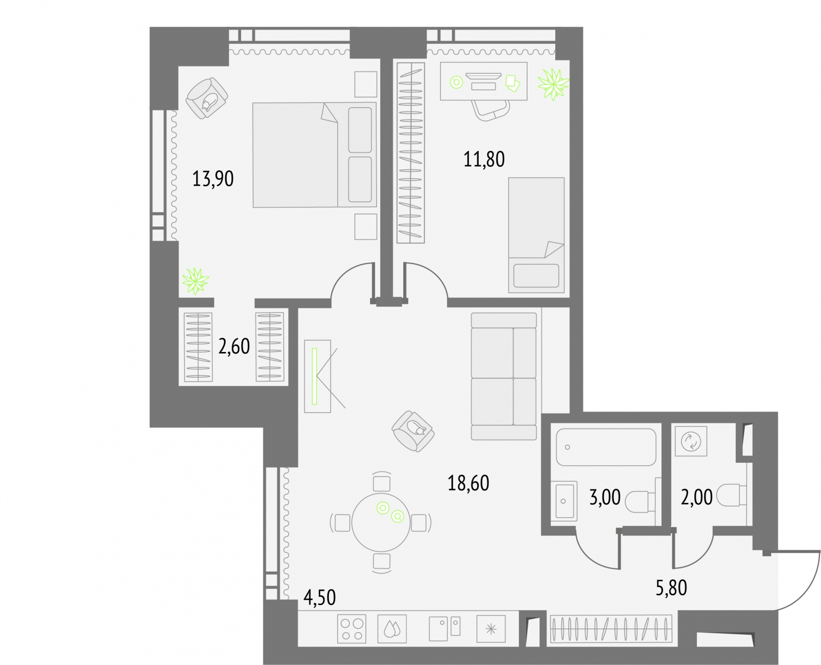 2-комнатная квартира с отделкой в Квартал Авиатор на 3 этаже в 2 секции. Сдача в 3 кв. 2025 г.