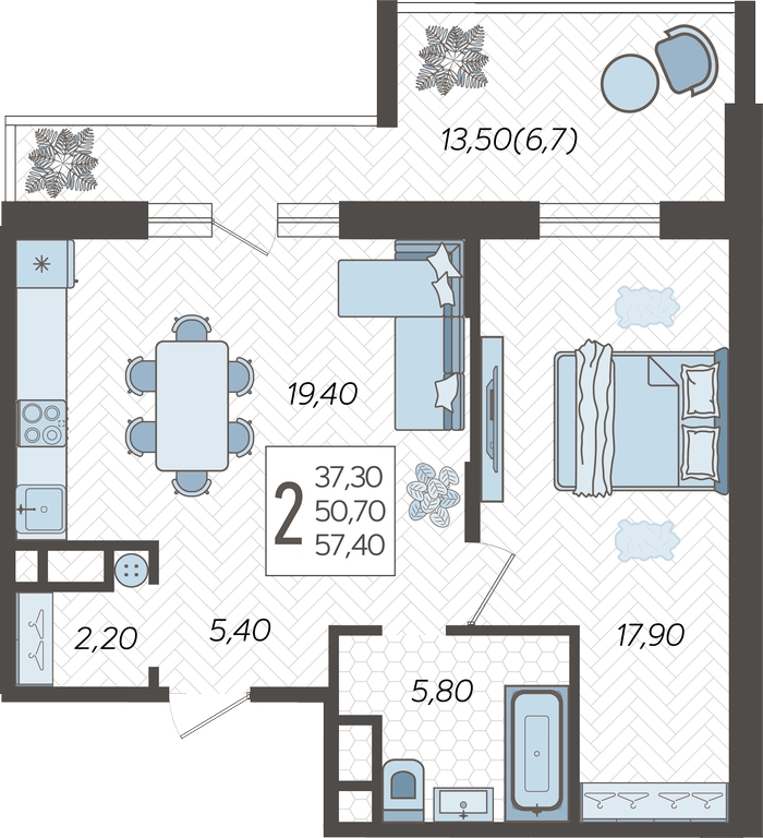 2-комнатная квартира с отделкой в ЖК Зеленодар на 12 этаже в 1 секции. Сдача в 2 кв. 2025 г.