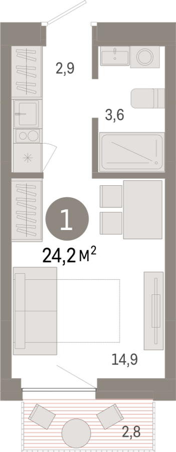 1-комнатная квартира (Студия) с отделкой в Микрорайон Европейский Берег на 14 этаже в 1 секции. Сдача в 1 кв. 2025 г.