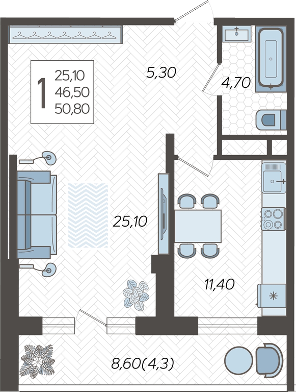 1-комнатная квартира с отделкой в Квартал Авиатор на 11 этаже в 3 секции. Сдача в 3 кв. 2024 г.