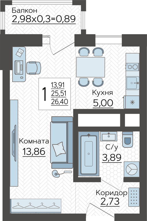 1-комнатная квартира в ЖК Небо на 3 этаже в 1 секции. Сдача в 2 кв. 2025 г.