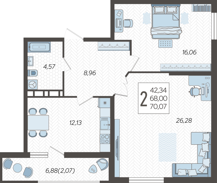 2-комнатная квартира в ЖК Небо на 3 этаже в 1 секции. Сдача в 2 кв. 2025 г.