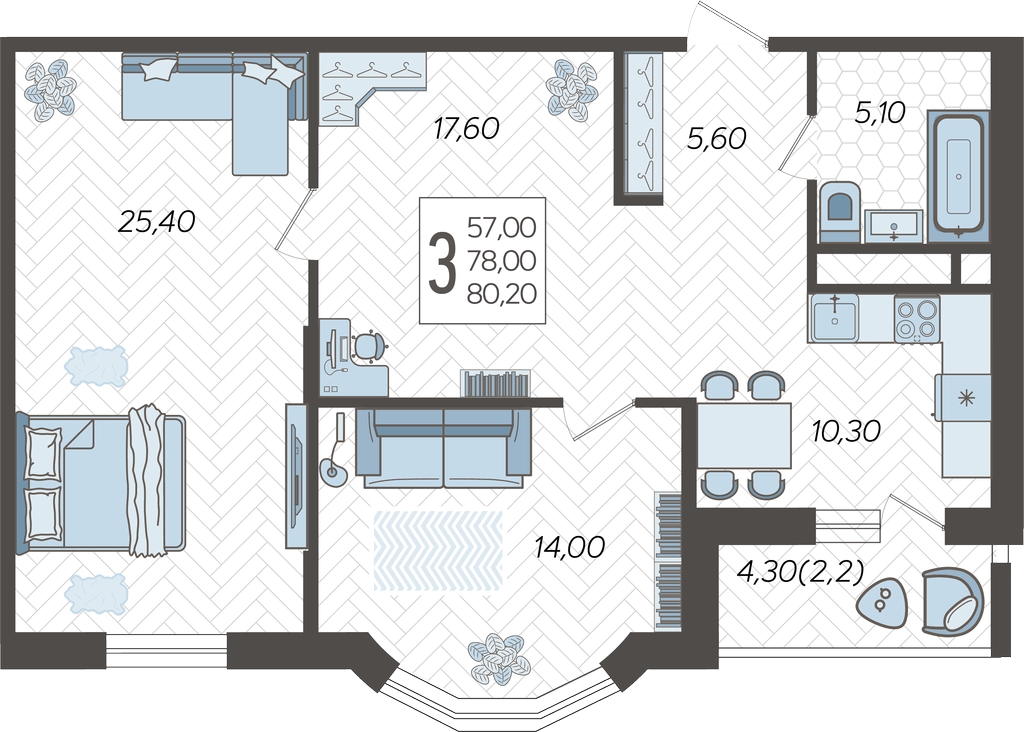 2-комнатная квартира в ЖК Небо на 4 этаже в 1 секции. Сдача в 2 кв. 2025 г.