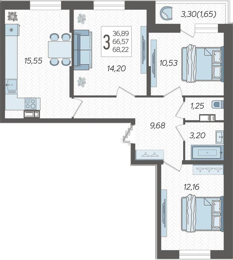 1-комнатная квартира (Студия) с отделкой в Квартал Авиатор на 4 этаже в 1 секции. Сдача в 3 кв. 2024 г.
