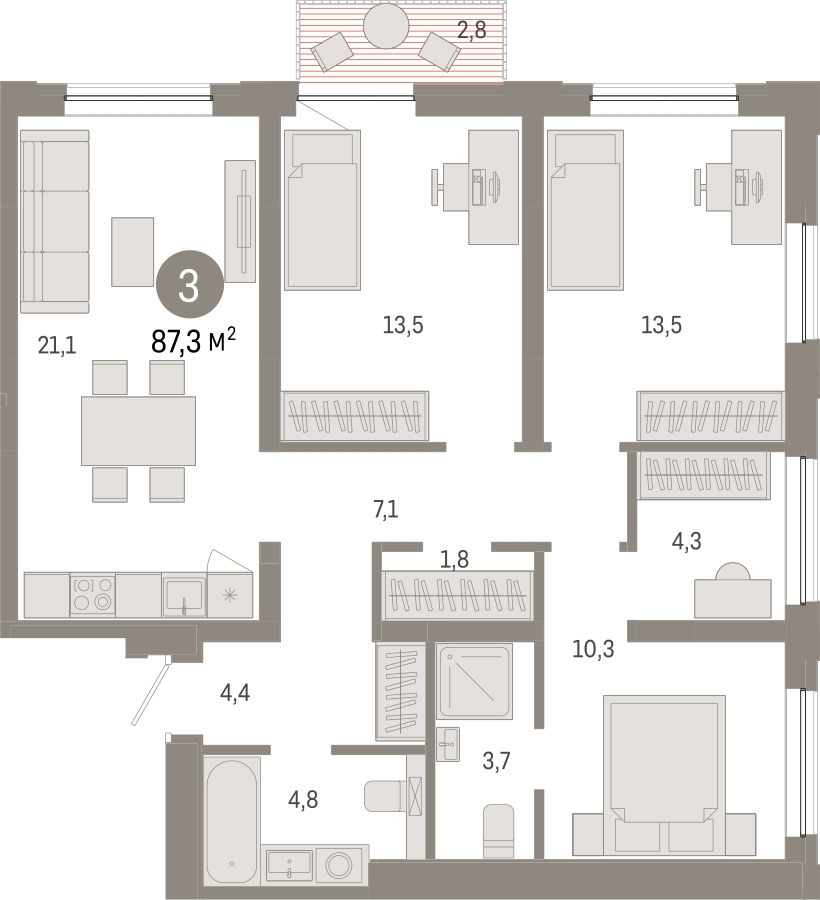 3-комнатная квартира с отделкой в Микрорайон Университет на 8 этаже в 3 секции. Сдача в 3 кв. 2020 г.