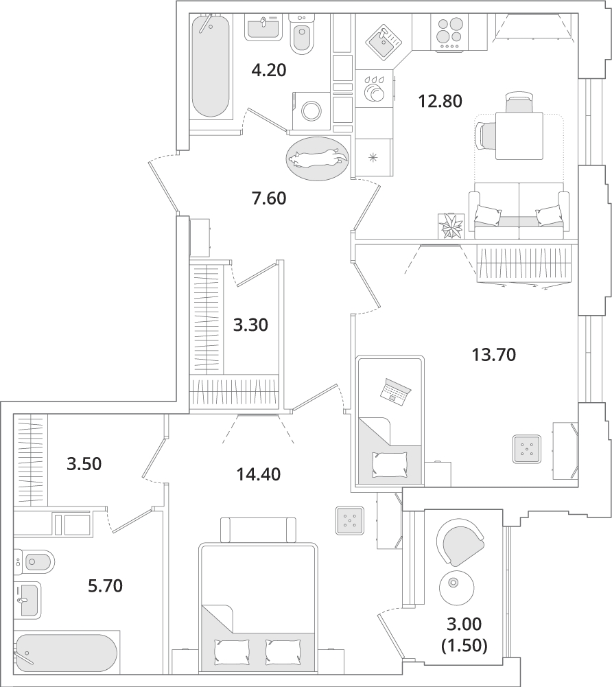 2-комнатная квартира с отделкой в ЖК Пшеница на 7 этаже в 3 секции. Сдача в 1 кв. 2026 г.