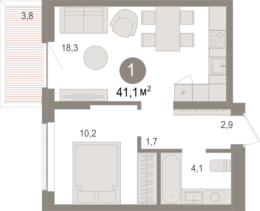 1-комнатная квартира в ЖК URAL на 18 этаже в 8 секции. Сдача в 4 кв. 2024 г.